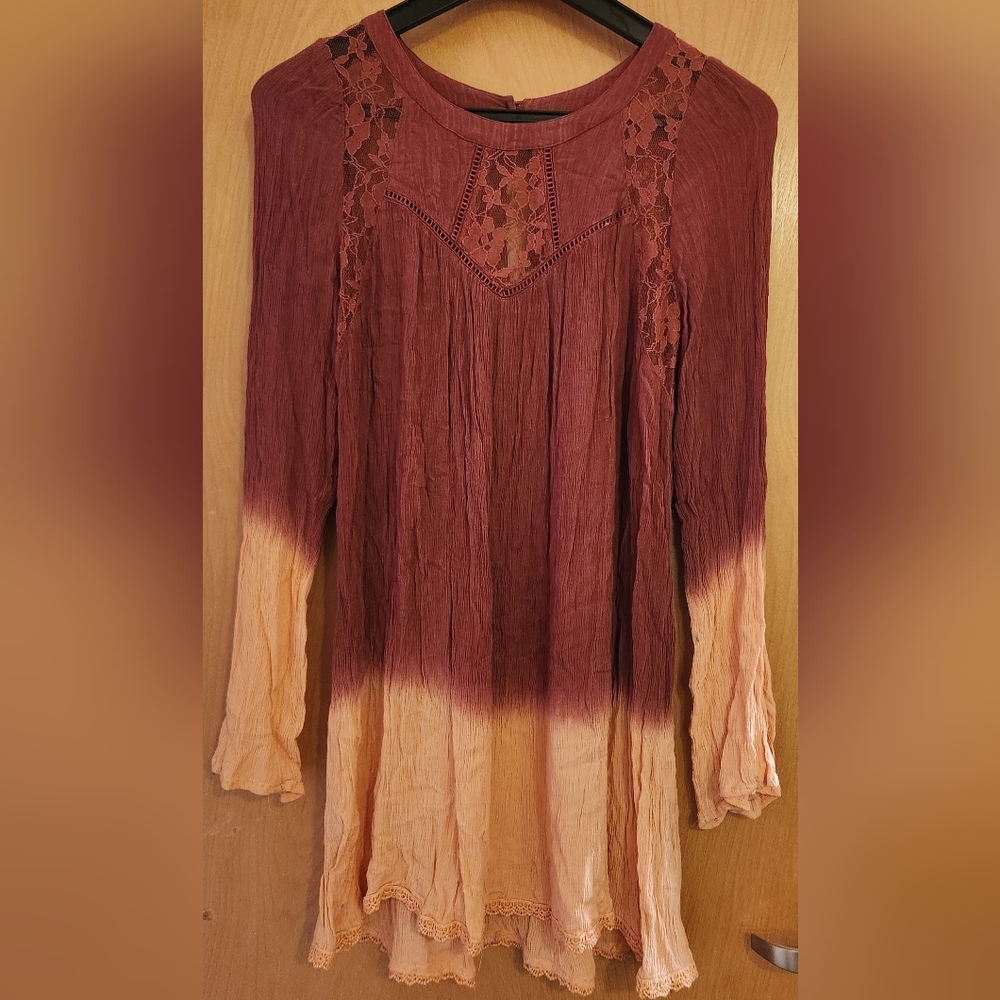 Brick Red and Light Orange Peachy Fade Dress Lace Crinkle Boho Small
